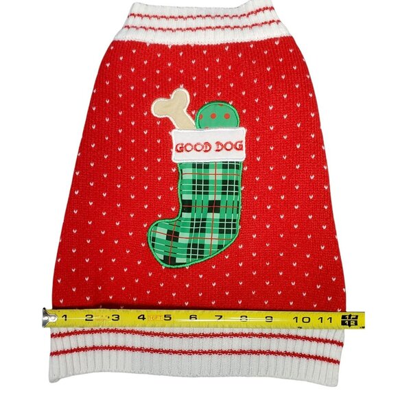 Good Dog Sweater Holiday Christmas Stocking Bone Hearts Warm Knit Puppy M 14" - Picture 4 of 5